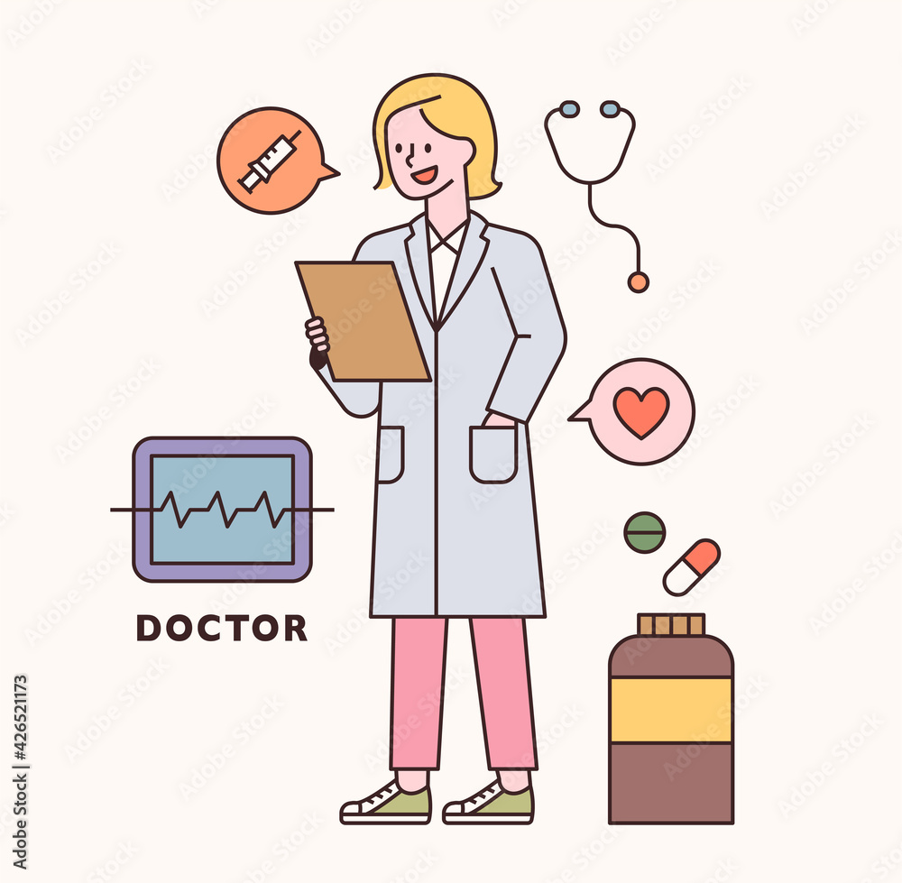 Doctor character and icon set. flat design style minimal vector illustration.