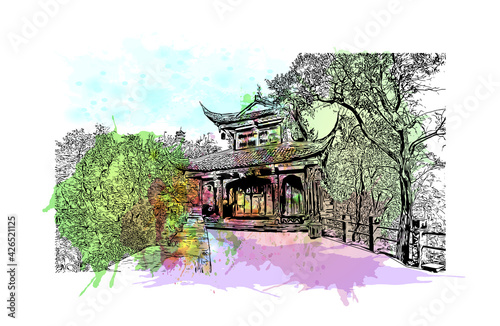 Building view with landmark of Dujiangyan is the city of China. Watercolour splash with hand drawn sketch illustration in vector.