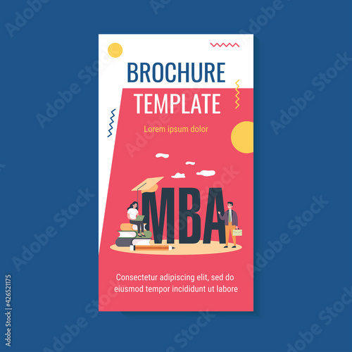 MBA school students. Person using laptop on stack of books near graduation cap, studying business administration and management. Flat vector illustration for academic education, knowledge concept