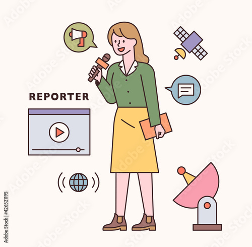 Reporter character and icon set. flat design style minimal vector illustration.