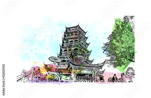 Building view with landmark of Dujiangyan is the city of China. Watercolour splash with hand drawn sketch illustration in vector.