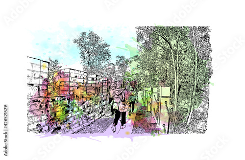 Building view with landmark of Dujiangyan is the city of China. Watercolour splash with hand drawn sketch illustration in vector.