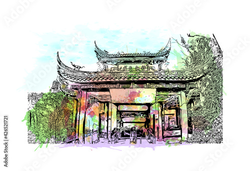 Building view with landmark of Dujiangyan is the city of China. Watercolour splash with hand drawn sketch illustration in vector.