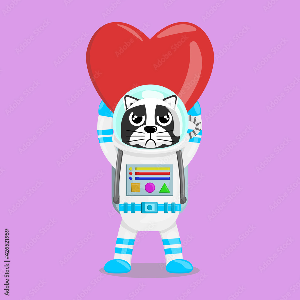 Fototapeta premium Illustration vector graphic cartoon of cute black dog astronaut raises a love. Childish cartoon design suitable for product design of children's books, t-shirt, greeting cards etc