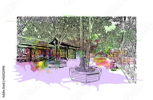 Building view with landmark of Dujiangyan is the city of China. Watercolour splash with hand drawn sketch illustration in vector.