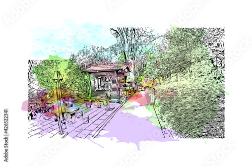 Building view with landmark of Dujiangyan is the city of China. Watercolour splash with hand drawn sketch illustration in vector.