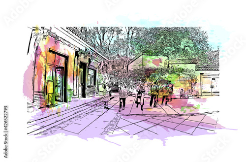 Building view with landmark of Dujiangyan is the city of China. Watercolour splash with hand drawn sketch illustration in vector.