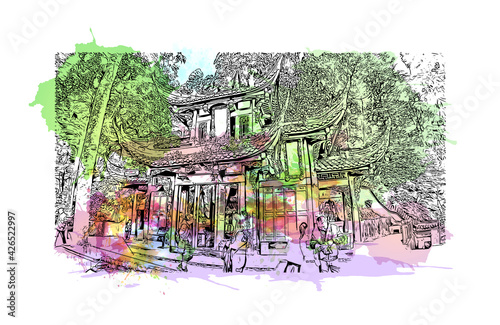 Building view with landmark of Dujiangyan is the city of China. Watercolour splash with hand drawn sketch illustration in vector.