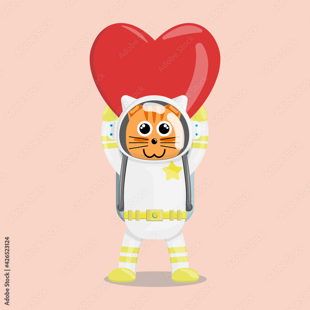 Illustration vector graphic cartoon of cute cat astronaut raises a love. Childish cartoon design suitable for product design of children's books, t-shirt, greeting cards etc