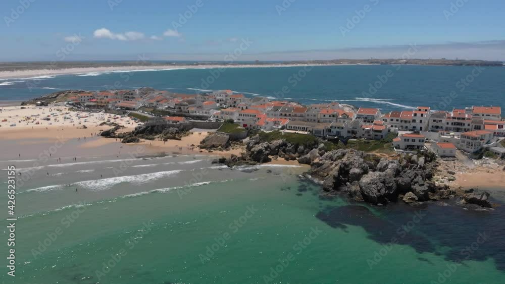 Aerial view of two beaches, Atlantic ocean, typical portuguese house, Baleal peninsula at Peniche, Portugal Aerial view of two beaches, Atlantic ocean, typical portuguese house, Baleal peninsula at Peniche, Portugal