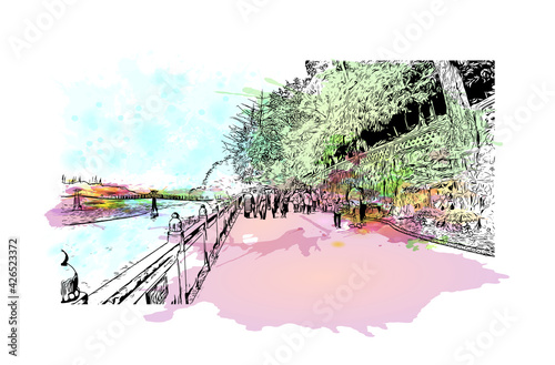 Building view with landmark of Dujiangyan is the city of China. Watercolour splash with hand drawn sketch illustration in vector.