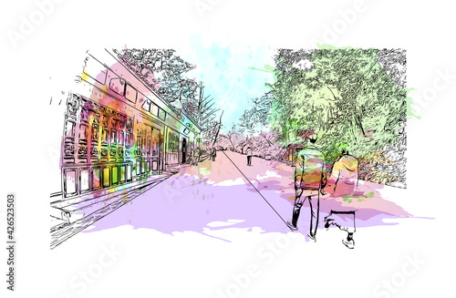 Building view with landmark of Dujiangyan is the city of China. Watercolour splash with hand drawn sketch illustration in vector.