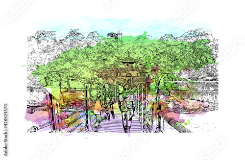 Building view with landmark of Dujiangyan is the city of China. Watercolour splash with hand drawn sketch illustration in vector.