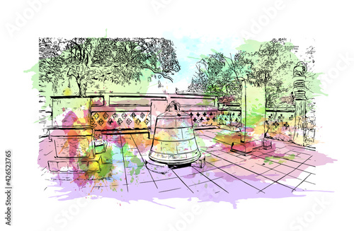 Building view with landmark of Dujiangyan is the city of China. Watercolour splash with hand drawn sketch illustration in vector.
