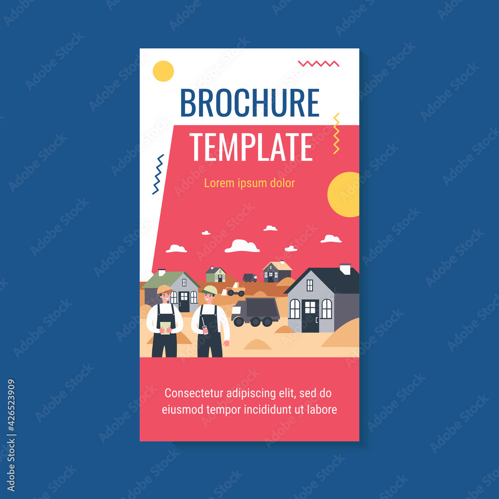 Fototapeta premium Professional builders constructing houses. Car, engineer, site flat vector illustration. Construction and building concept for banner, website design or landing web page