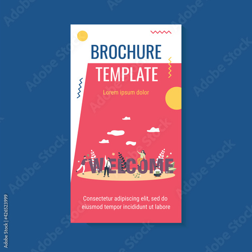 Happy business team welcoming new person to their company. Tiny people making greeting gesture and constructing word. Vector illustration for office welcome party, celebration concept