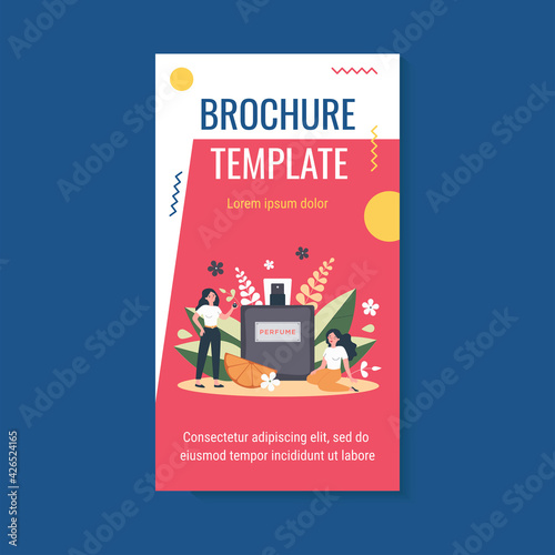 Women enjoying perfume smelling, sitting and standing near spray flask of deodorant with flower fragrance. Vector illustration for aroma, perfumery shop, cosmetics concept.