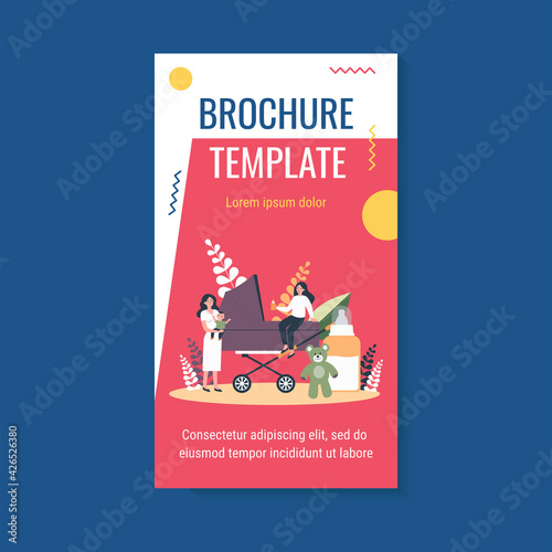 Happy mother, babysitter and baby near carriage isolated flat vector illustration. Cartoon women caring about newborn. Abstract nanny occupation. Family and nursery concept