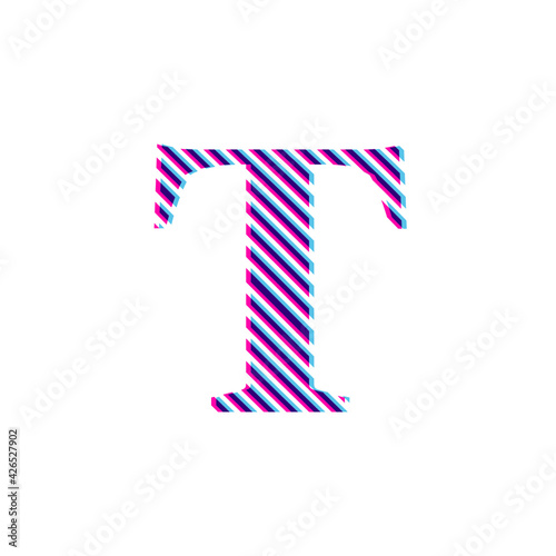 Capital letter T, letter in purple embroidered fabric 