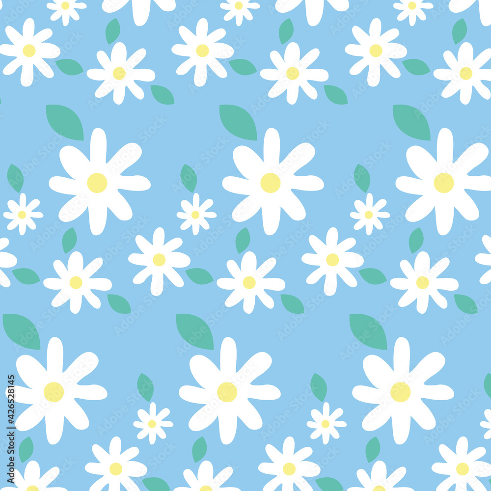 seamless floral pattern, background white flowers with blue background.