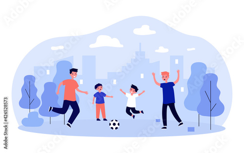 Children playing football or soccer in park. Happy boys playing ball game together flat vector illustration. Outdoor activity, team sport concept for banner, website design or landing web page