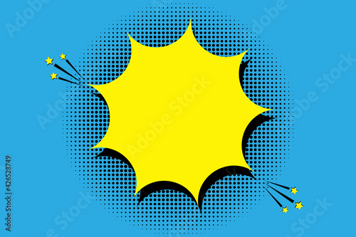 Yellow comic explosion in cartoon style. Speech bubble. Blue background. Stock image. Vector illustration. EPS 10.