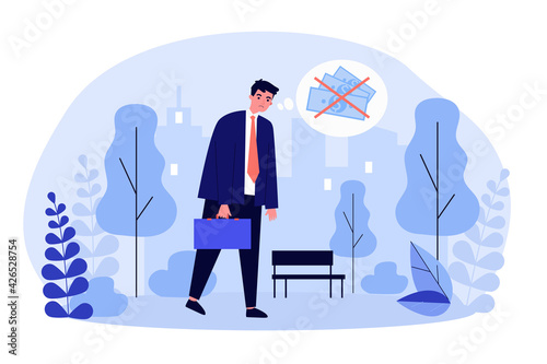 Sad businessman thinking of financial problems. Broke office worker in park needing money flat vector illustration. Bankruptcy, financial crisis concept for banner, website design or landing web page