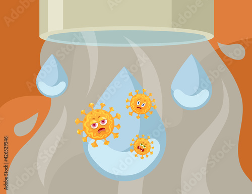 Cartoon angry virus or bacteria characters in water drop. Flat vector illustration. Funny infection bacteria, tiny microbes falling down from tap with running water. Hygiene, health, disease concept