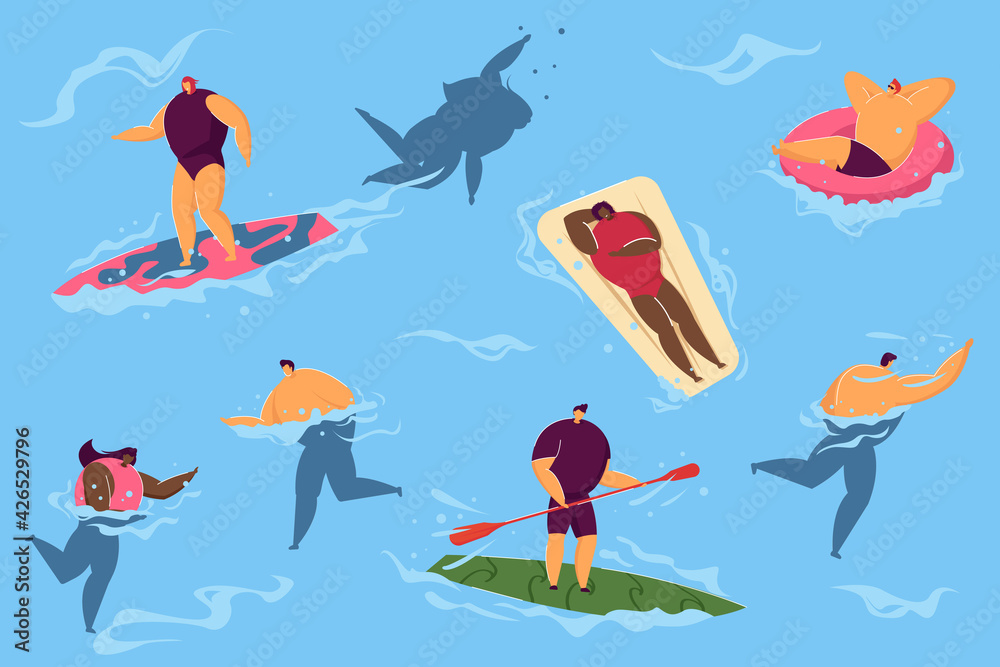Crowd of people in sea or ocean. People playing, swimming, surfing, sunbathing flat vector illustration. Summer resort, vacation, water activity concept for banner, website design or landing web page Crowd of people in sea or ocean. People playing, swimming, surfing, sunbathing flat vector illustration. Summer resort, vacation, water activity concept for banner, website design or landing web page