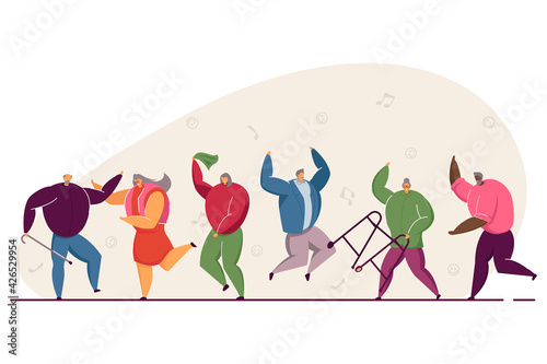 Group of happy old people jumping and dancing. Elders having fun to music, aged men and women at party flat vector illustration. Dance club concept for banner, website design or landing web page