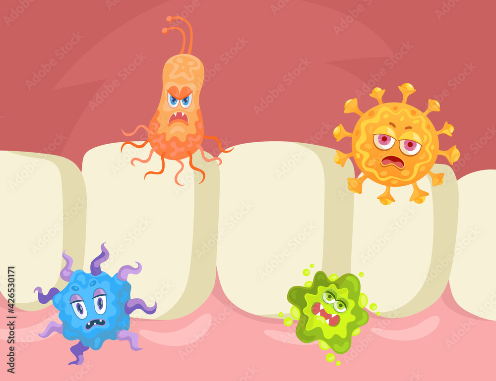 Cartoon angry virus or bacteria characters on teeth. Flat vector illustration. Funny infection bacteria, tiny microbes staying in oral cavity and causing caries. Hygiene, health, disease concept