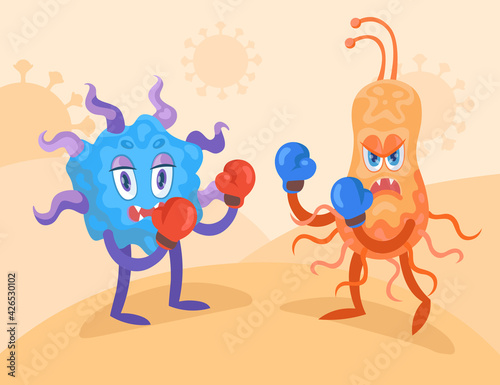 Cartoon useful bacteria fighting harmful virus. Flat vector illustration. Funny infection bacteria, tiny microbes fighting battle in boxing gloves. Coronavirus, health, bacteria, disease concept