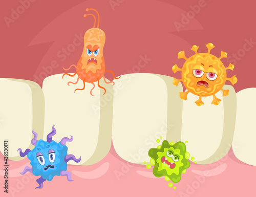 Cartoon angry virus or bacteria characters on teeth. Flat vector illustration. Funny infection bacteria, tiny microbes staying in oral cavity and causing caries. Hygiene, health, disease concept