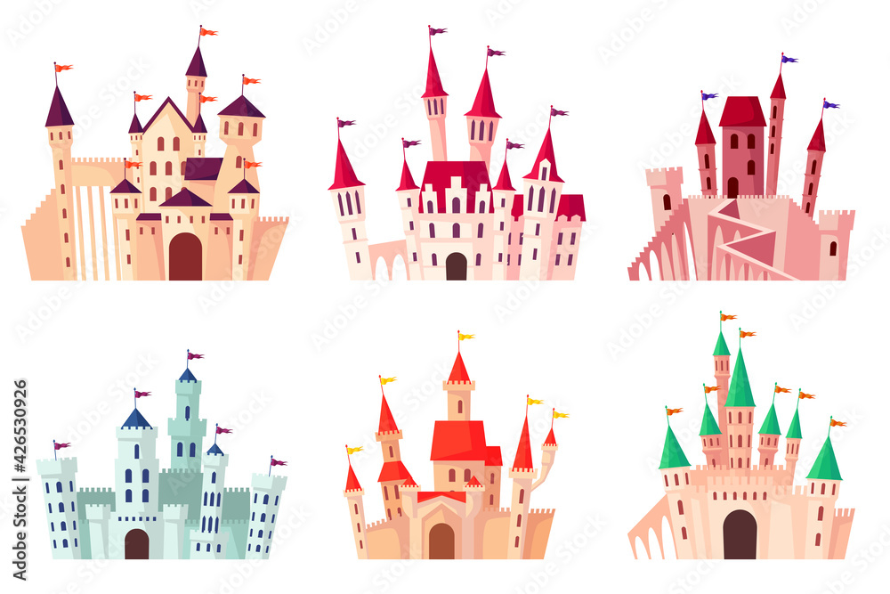 Cartoon medieval castles vector illustration set. Collection of gothic towers, fortified palaces, mansions isolated on white background. Fairytale, ancient buildings, fortresses concept