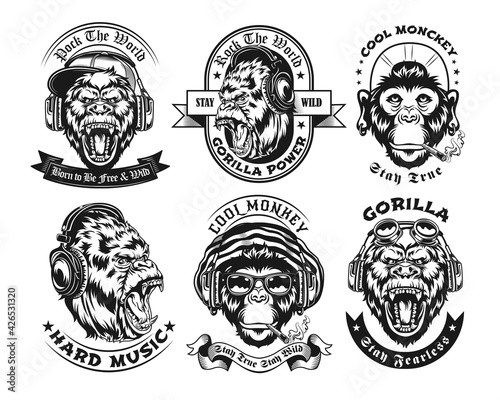 Ornamental retro black and white monkey vector illustrations set. Graphic sketches of gorilla in decorative retro style with headphones. Wildlife or music concept for tattoo template or design