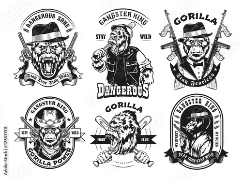Monochrome labels with gorilla gangster vector illustration set. Retro tattoo design with monkey and gun. Mafia and animals concept can be used for retro template