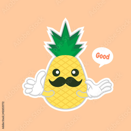 cute and kawaii Pineapple characters, mascots Pineapple cute characters set for summer. Pineapple juice, tropical fruit, summer resort. Vacation concept. For topics like fruit, summer, travel