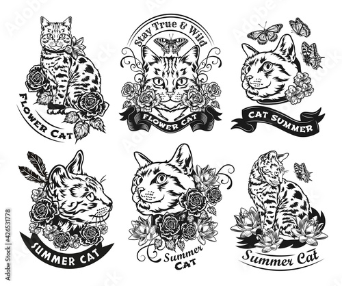Vintage black and white cat, flowers and butterfly set. Flat vector illustration. Graphic cat sketches in decorative style with roses, lotuses, moths. Wildlife or animal concept for tattoo template