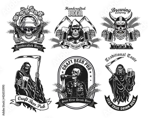 Monochrome labels with skeleton and beer vector illustration set. Retro tattoo design with dead character drinking alcohol. Beverage and weekend concept can be used for retro template