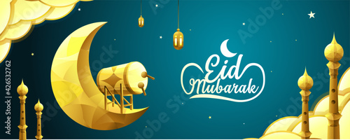 Eid Mubarak Vector Illustration with crescent moon, drum, cloud, tower and lantern in golden color on blue gradient background.