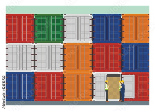 Container stack inspection. Simple flat illustration.