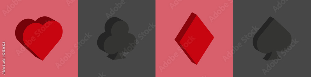 Set of playing card symbols in 3D style. Vector icons. Poker cards. Heart, diamond, spade, club. Set of playing card symbols in 3D style. Vector icons. Poker cards. Heart, diamond, spade, club.