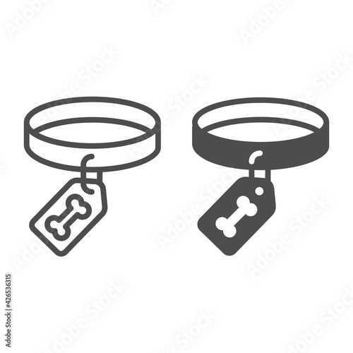 Dog Collar and Bone Tag line and solid icon, animal hospital concept, necklace with bone sign on white background, Bone for dog collar icon in outline style for mobile and web design. Vector graphics.