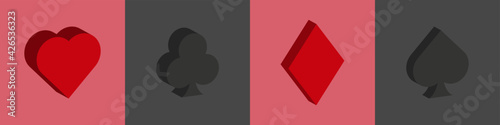 Set of playing card symbols in 3D style. Vector icons. Poker cards. Heart, diamond, spade, club.