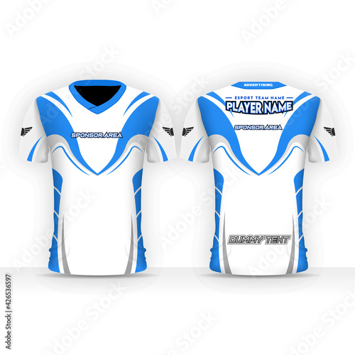 E-Sport Jersey Custom Design with Short Sleeve, blue and white uniform template, mockup