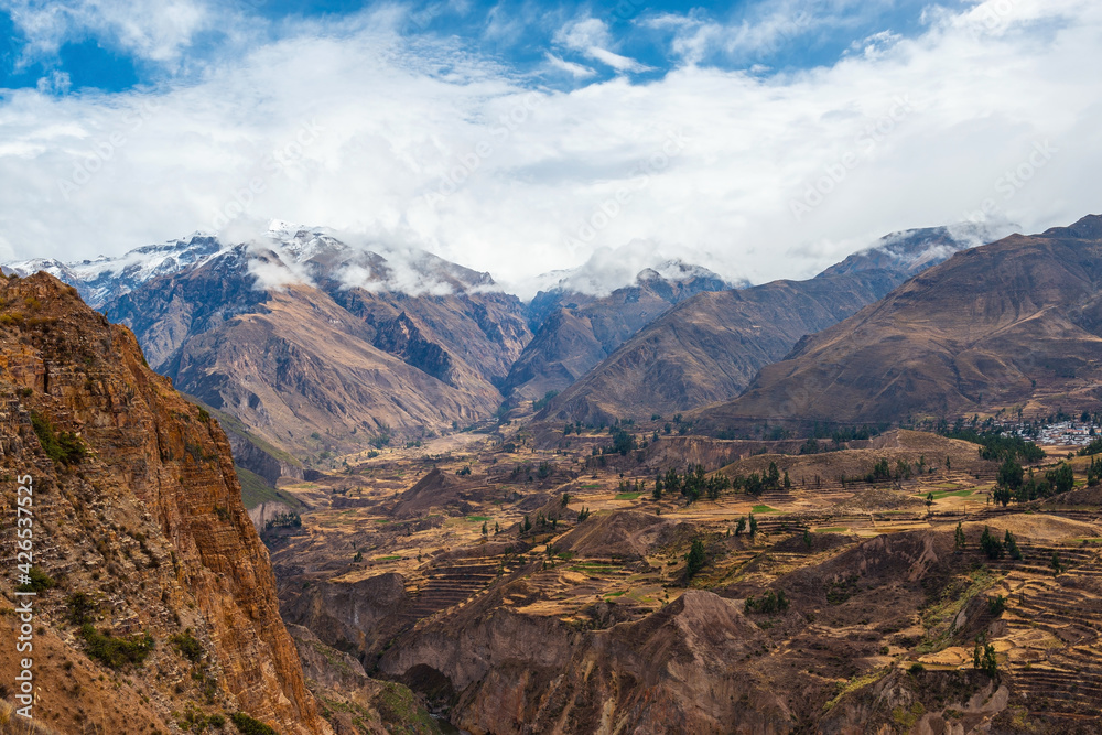 Colca Canyon landscape with snowcapped Andes peaks, Arequipa, Peru.