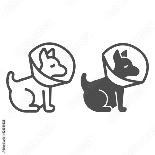 Puppy with protective collar line and solid icon, animal hospital concept, Pet Elizabethan collar sign on white background, Dog protection cone icon in outline style for mobile, web. Vector graphics.