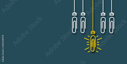 Paperclip idea Success concept Great Creative Ideas, Glowing light bulb (paperclip)  on blue clear background
