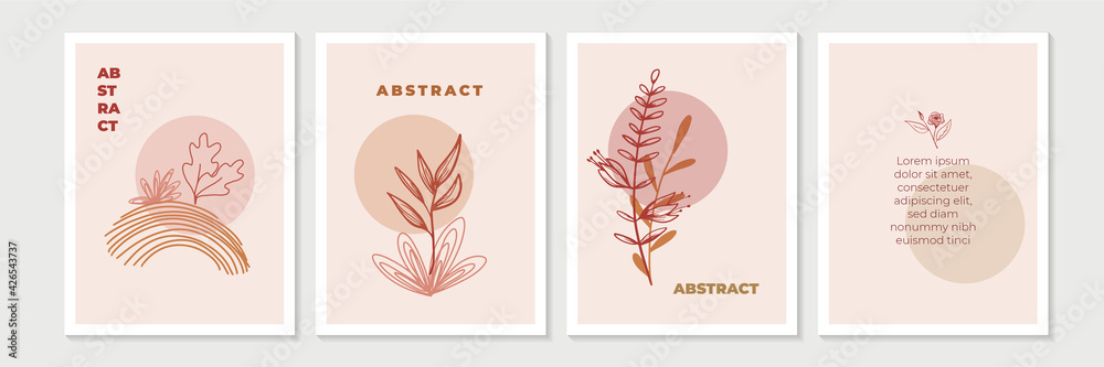 Floral line art greeting cards with boho style. Trendy abstract square Winter Holidays art templates. Suitable for social media post, mobile apps, banner design and web/internet ads.