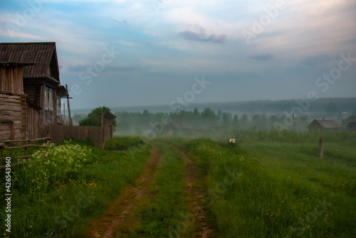 Foggy overcast morning in the village